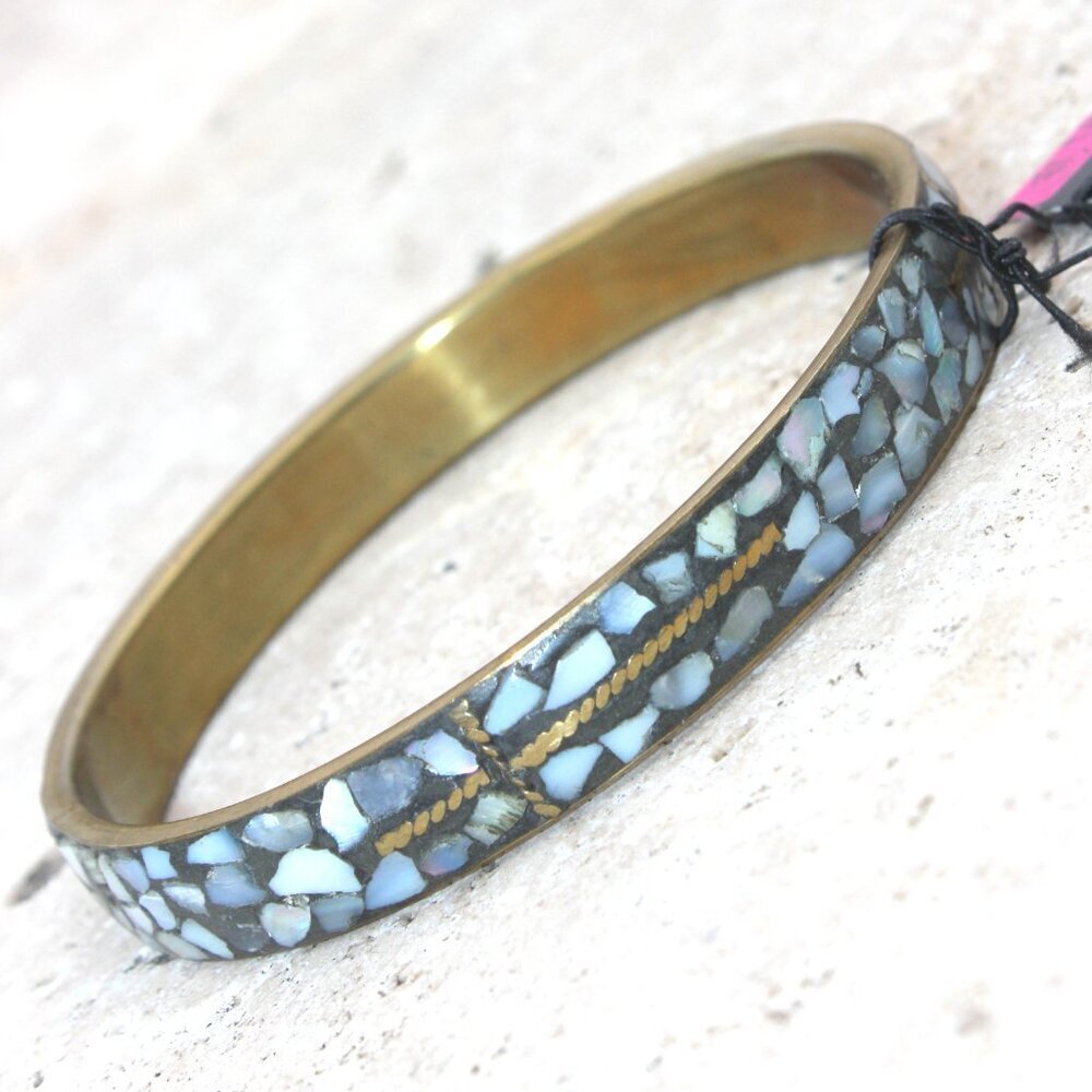 Mosaic Faux Grey Stone Rustic Antique Gold Cross Christian Bangle Bracelet - Picture 5 of 6